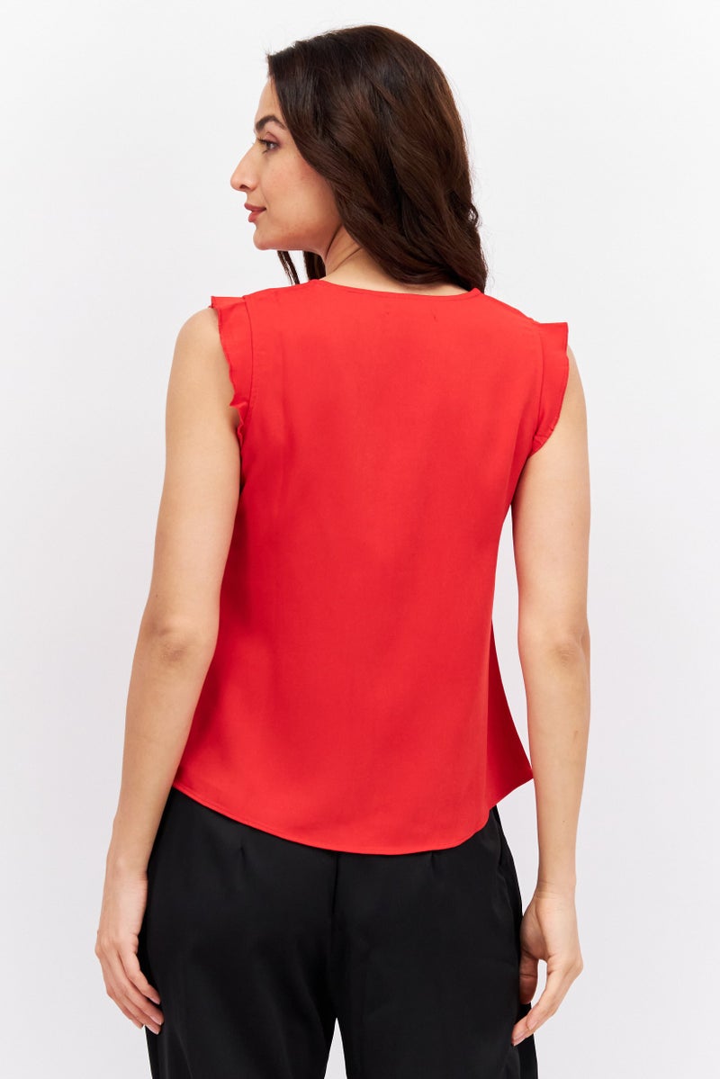 MODE Women V Neck Cap Sleeve Plain Top, Red - Image 3