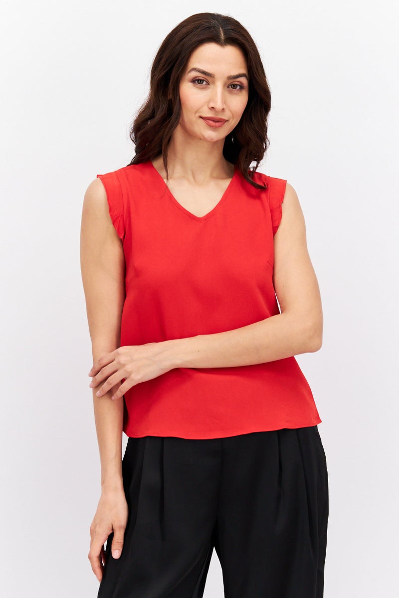 MODE Women V Neck Cap Sleeve Plain Top, Red - Image 1