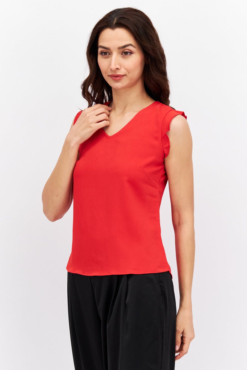 MODE Women V Neck Cap Sleeve Plain Top, Red - Image 2