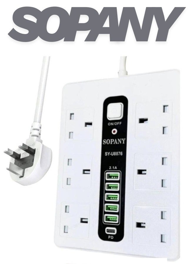 سوباني سلك تمديد شرائح الطاقة، محول قابس عالمي بـ 6 مقابس مع كابل تمديد جريء بطول 3 أمتار مع 5 منافذ USB ولوحة تمديد طاقة 1PD من النوع C، كابل تمديد، مقبس تمديد للمنزل والمكتب والمطبخ والسفر والمزيد ((3 أمتار))