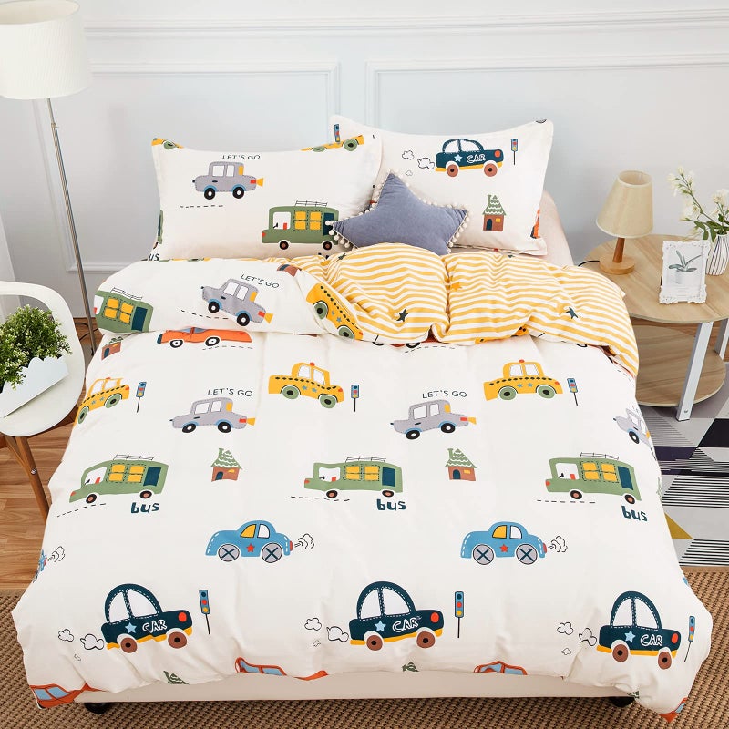 DJY Cars Cartoon Duvet Cover Set Queen Size 3 Pieces 100 Cotton Breathable Bedding Sets 1 Duvet Cover2 Pillowcases Reversible Stripes Printed Comforter Cover Set for Kids Teens Boys Girls