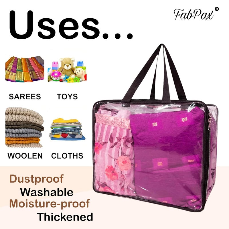 FabPax Pack of 4 Clear Storage Bag for Clothes Sarees Bedsheets Toys Documents Transparent Wardrobe Organizer Multipurpose Storage Bag with Handle Zipper 40x32x20 cm - Image 5
