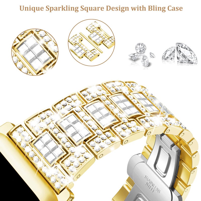 Mosonio Compatible with Bling Apple Watch Band 44mm with Shiny Metal Case for Women, Full Sparking Luxury Diamond Bands and Cover Set, Charming Wedding Party Strap for iWatch SE Series 6/5/4(Gold, 44mm) - Image 5