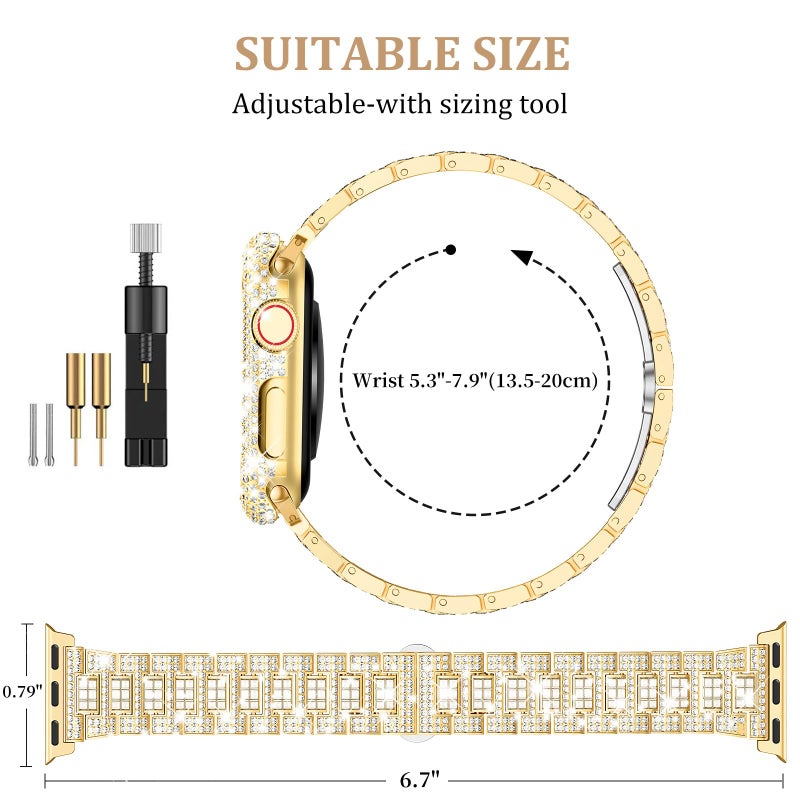 Mosonio Compatible with Bling Apple Watch Band 44mm with Shiny Metal Case for Women, Full Sparking Luxury Diamond Bands and Cover Set, Charming Wedding Party Strap for iWatch SE Series 6/5/4(Gold, 44mm) - Image 3