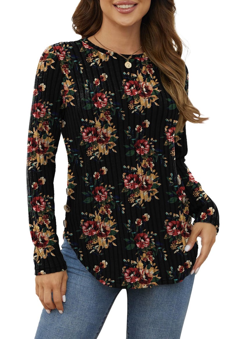 Yincro Women's Long Sleeve Fall Sweaters 2026 Lightweight Casual Crewneck Tunic Tops(Brown Floral Black, XXL) - Image 1