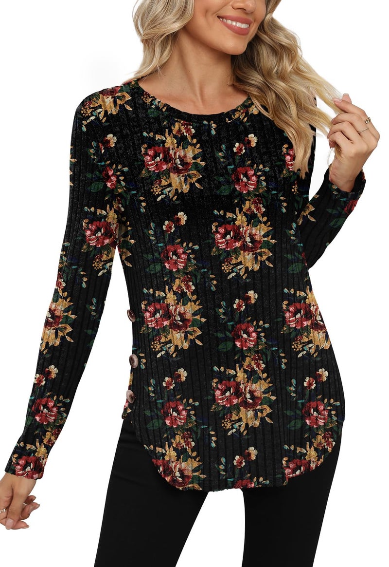 Yincro Women's Long Sleeve Fall Sweaters 2026 Lightweight Casual Crewneck Tunic Tops(Brown Floral Black, XXL) - Image 2