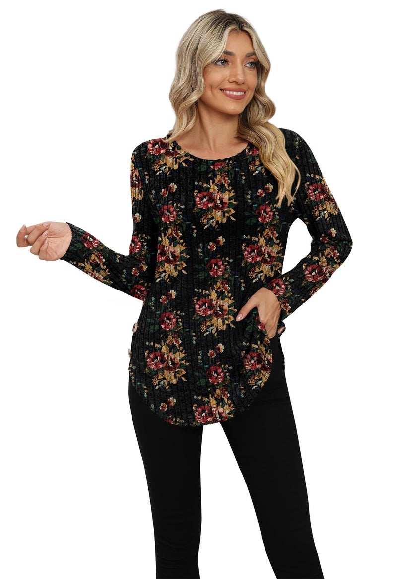 Yincro Women's Long Sleeve Fall Sweaters 2026 Lightweight Casual Crewneck Tunic Tops(Brown Floral Black, XXL) - Image 3