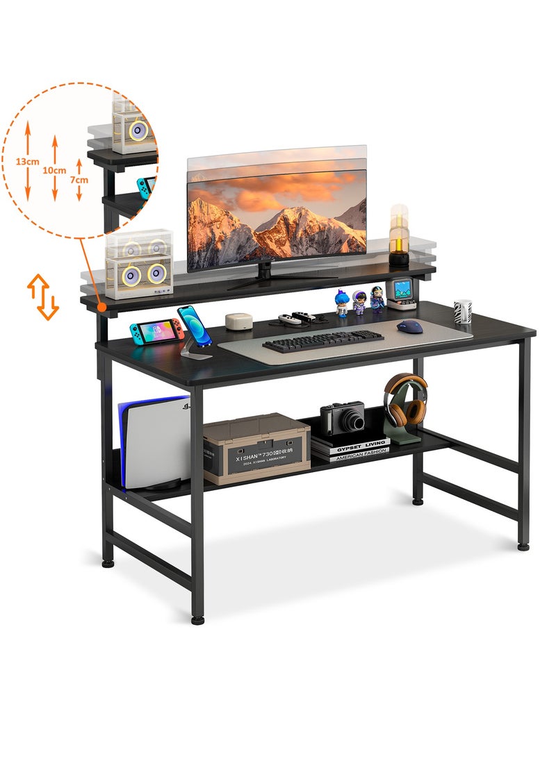 JANTENS JANTENS Gaming Desk with Double Layer Metal Frame Office Table Carbon Fiber Surface 3 Heights Adjustable Monitor Rack Study Desk Ergonomic Table with Storage Tier  110*45*75CM  - Image 1