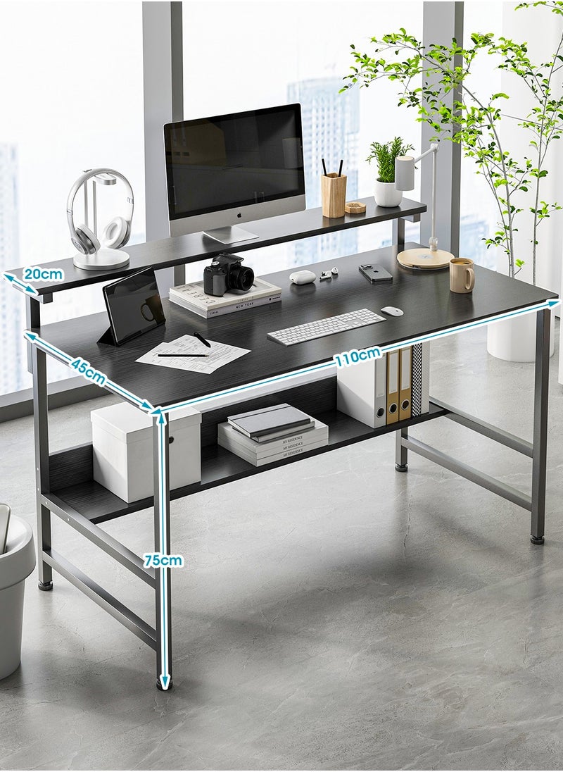 JANTENS JANTENS Gaming Desk with Double Layer Metal Frame Office Table Carbon Fiber Surface 3 Heights Adjustable Monitor Rack Study Desk Ergonomic Table with Storage Tier  110*45*75CM  - Image 4