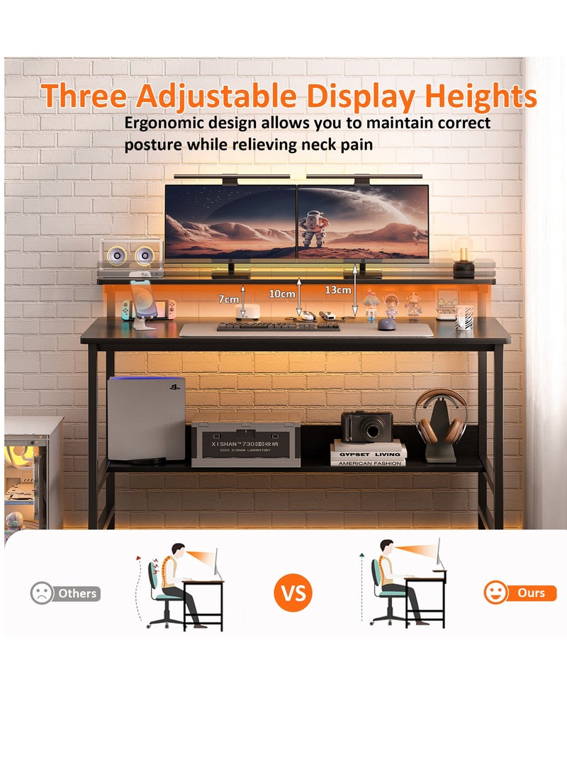 JANTENS Gaming Desk with Double Layer Metal Frame Office Table Carbon Fiber Surface 3 Heights Adjustable Monitor Rack Study Desk Ergonomic Table with Storage Tier  110*45*75CM