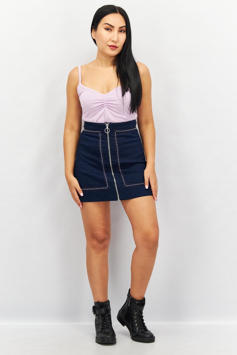 VERO MODA Women Solid Denim Mini Skirts, Navy Blue - Image 4