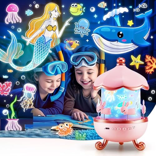 EYUVAA LABEL Abs Bunny Night Light Projector, 360° Rotatable 6 Films Shade Rechargeable LED Night Light Lamp for Kids Room, Nursery Room Décor (Light Projector), Battery Powered, 5 Volts, Pink - Image 1