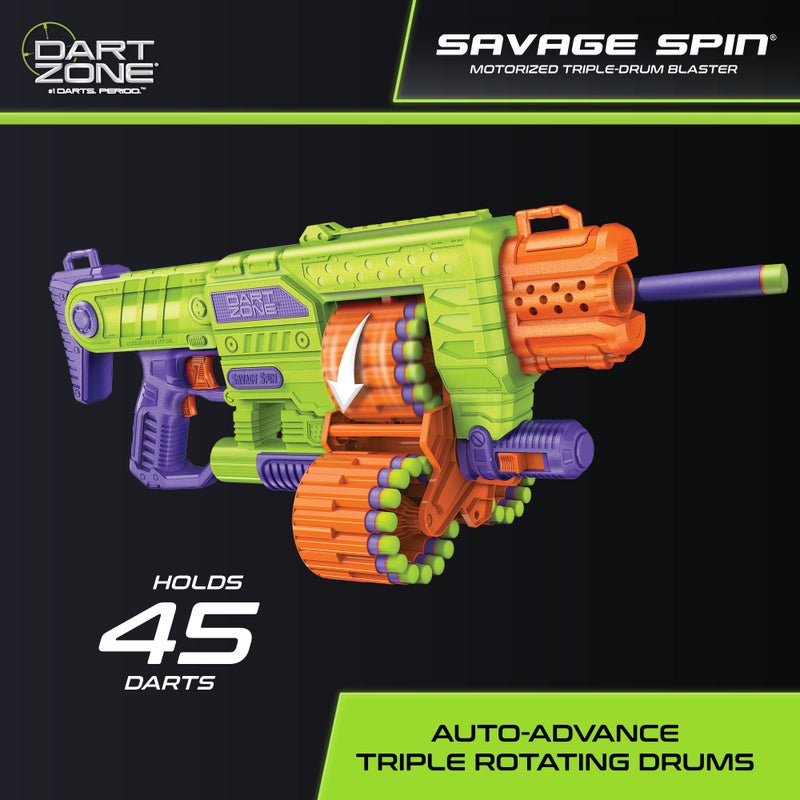 DART ZONE Savage Spin Semi-Auto Foam Dart Blaster â€“ 45-Dart Triple-Drum Motorized Foam Dart Gun â€“ NERF Dart Compatible Soft Bullet Toy Gun for Kids w. 90 Darts â€“ AKA Adventure Force Gun â€“ 80 ft Range - Image 3