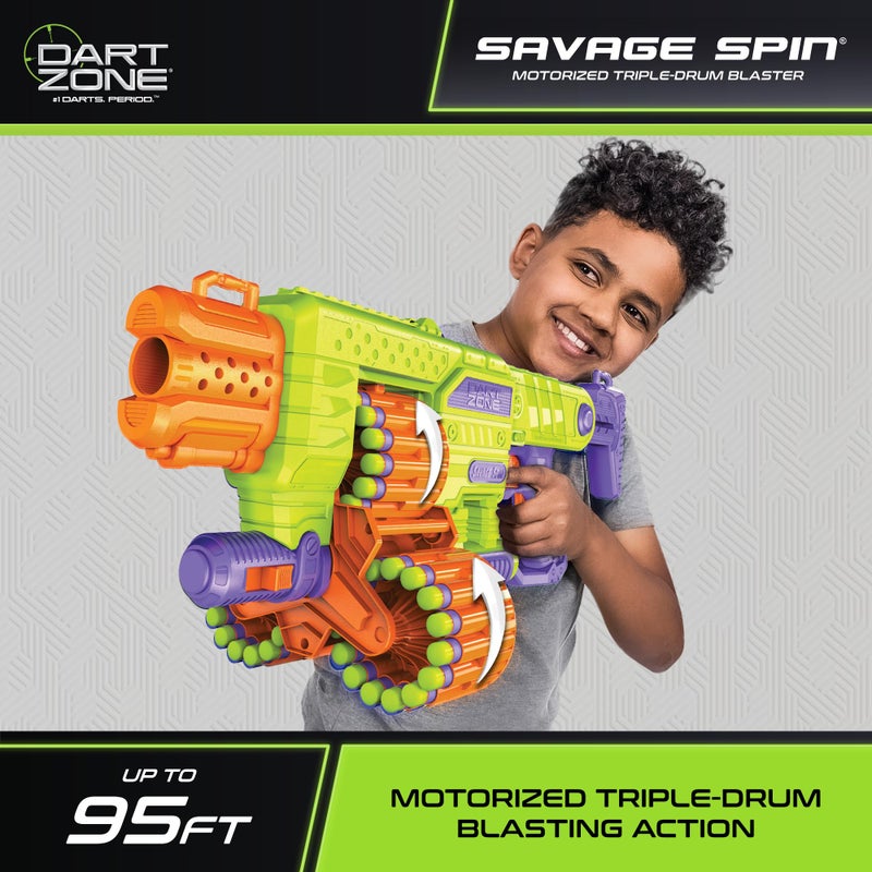 DART ZONE Savage Spin Semi-Auto Foam Dart Blaster â€“ 45-Dart Triple-Drum Motorized Foam Dart Gun â€“ NERF Dart Compatible Soft Bullet Toy Gun for Kids w. 90 Darts â€“ AKA Adventure Force Gun â€“ 80 ft Range - Image 4