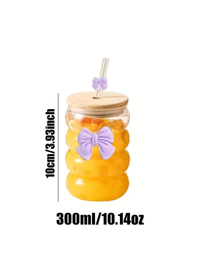 Purple 10.14oz Bow Cup With Lid And Straw For Coffee Tea Milk Smoothies - Image 2