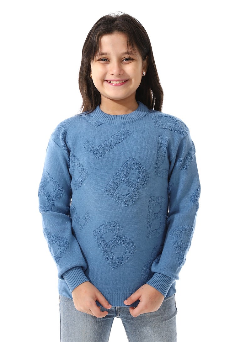 Andora Alphabet Ribbed Trims Round-Neck Pullover_Steel Blue - Image 1