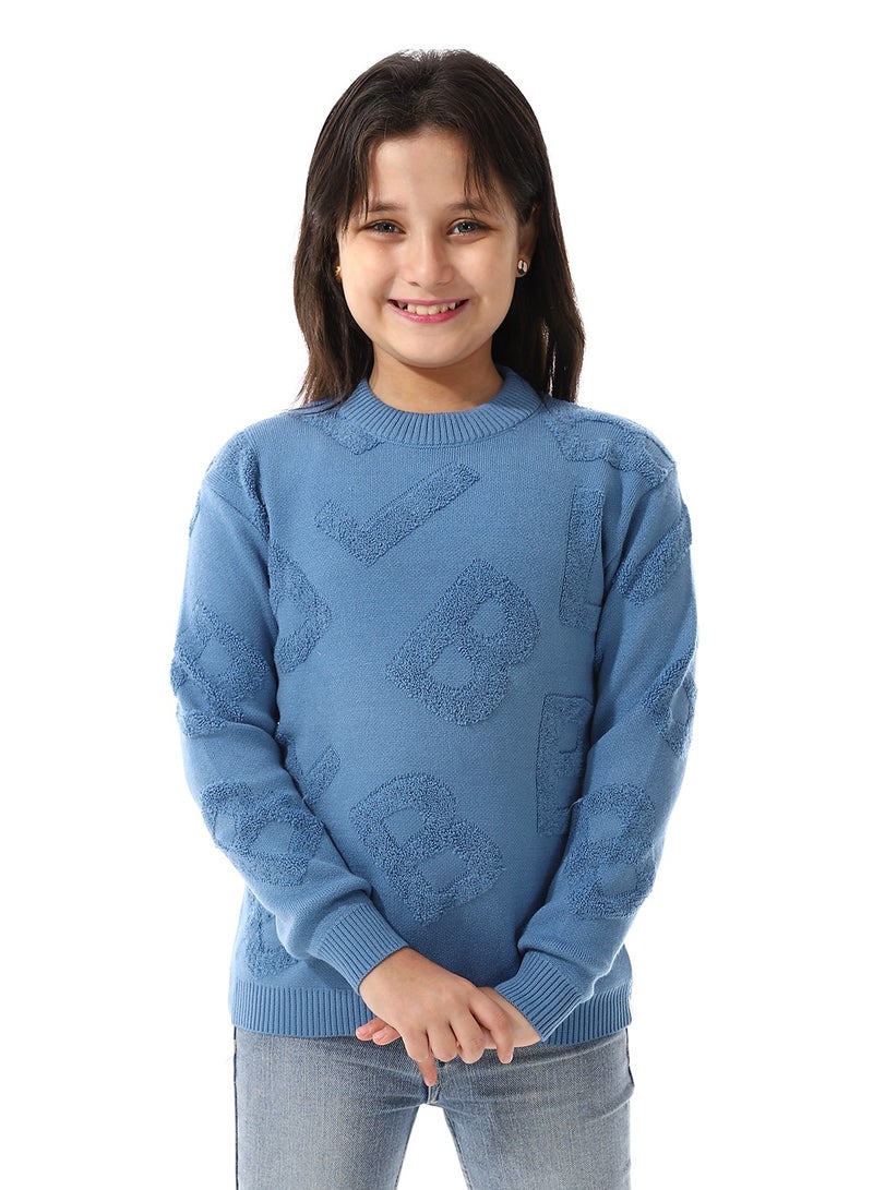 Andora Alphabet Ribbed Trims Round-Neck Pullover_Steel Blue - Image 4