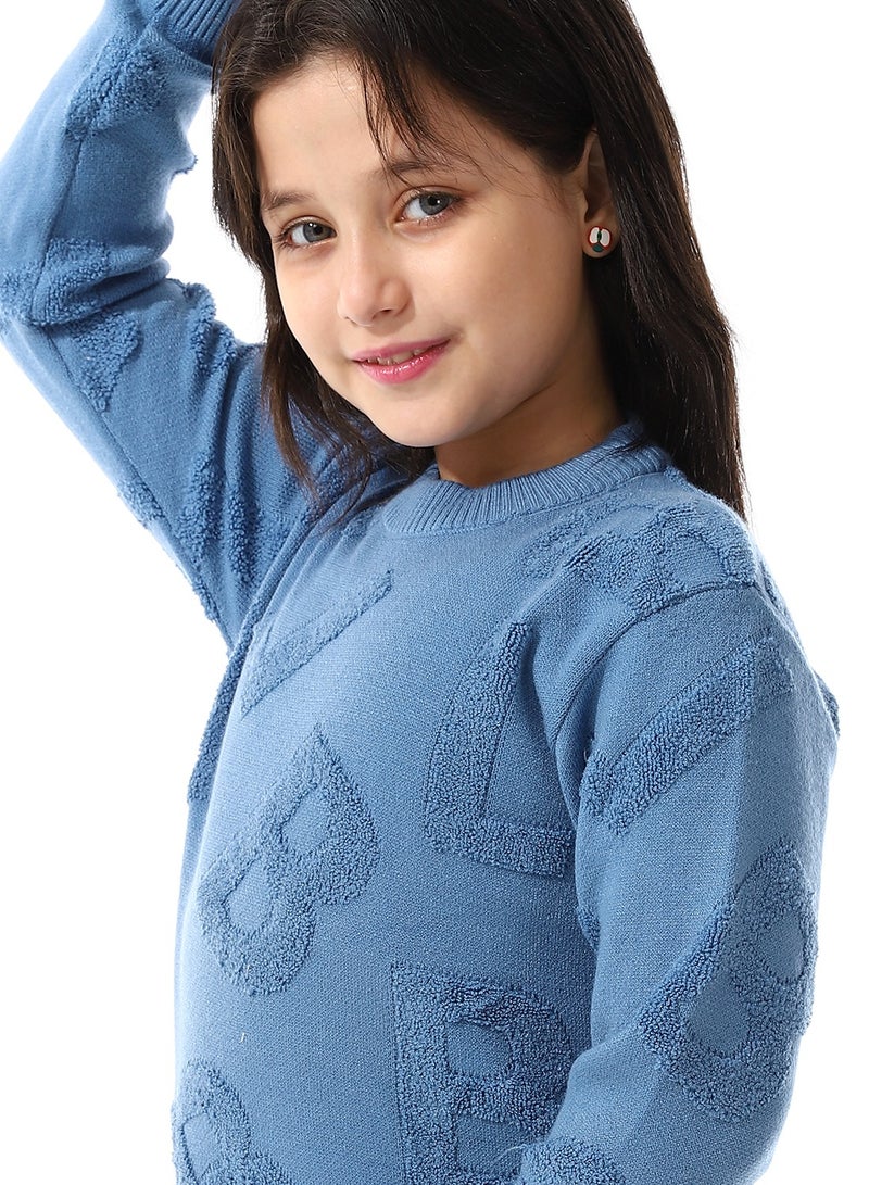Andora Alphabet Ribbed Trims Round-Neck Pullover_Steel Blue - Image 5