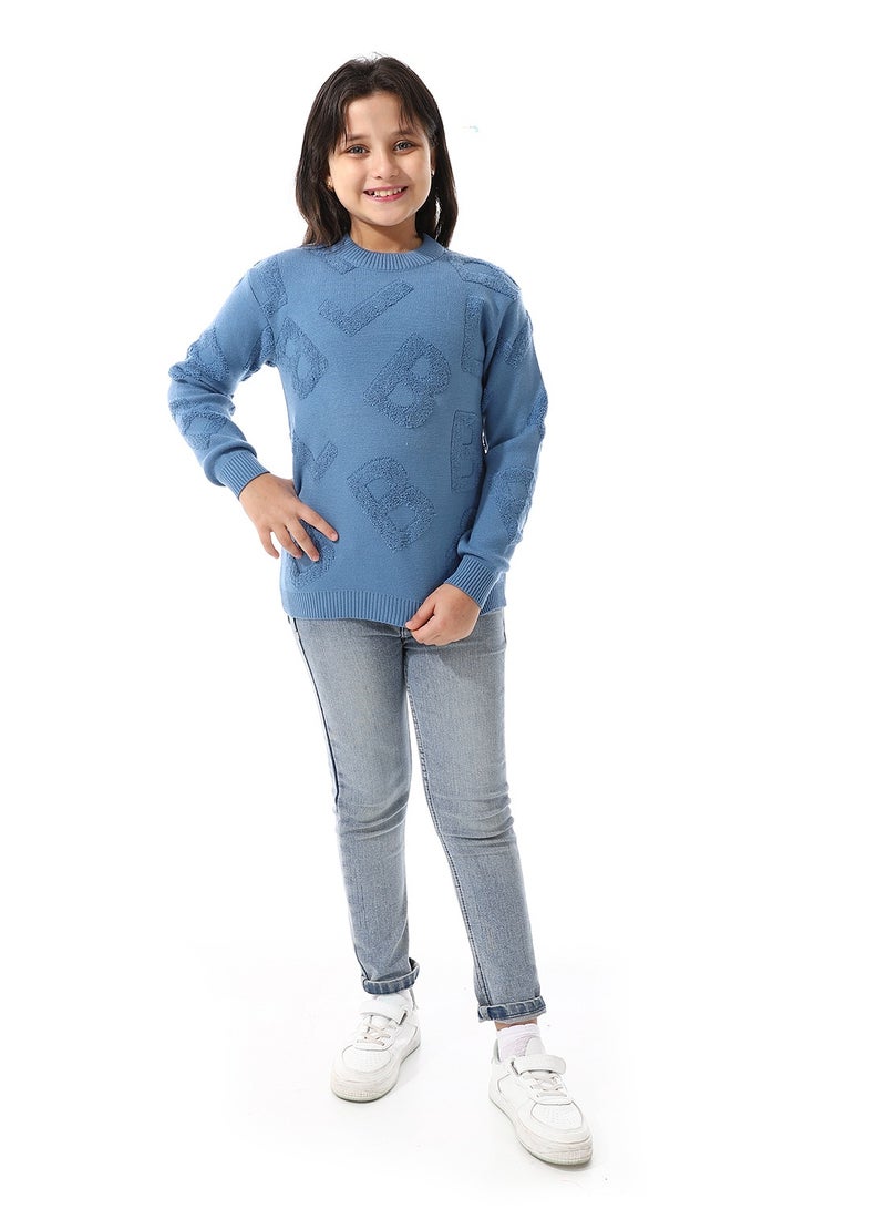 Alphabet Ribbed Trims Round-Neck Pullover_Steel Blue