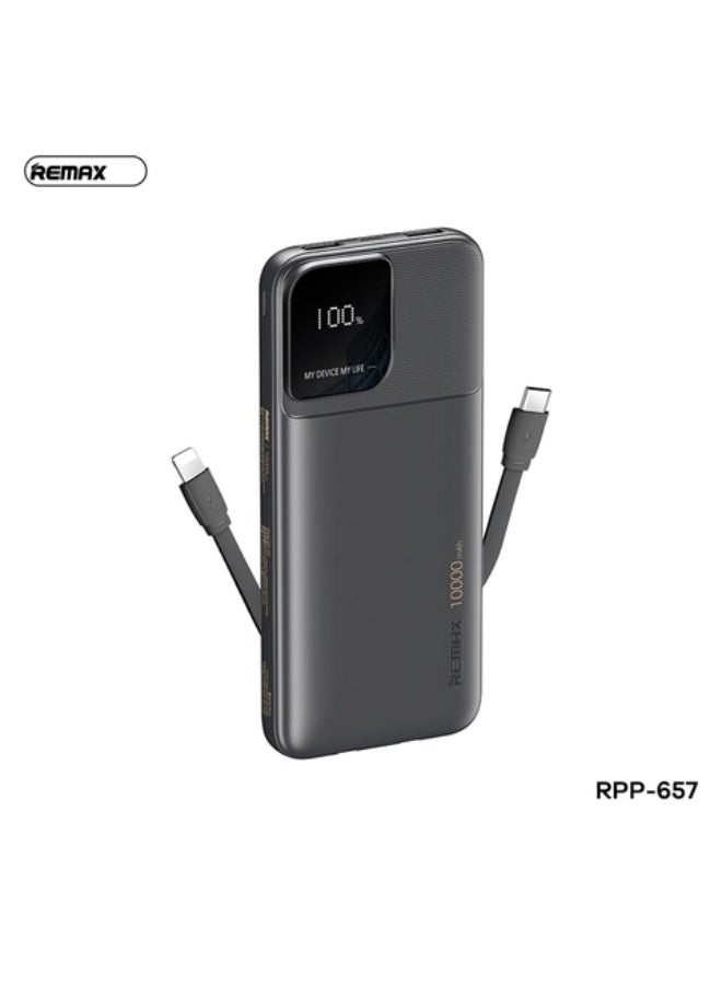 ريماكس بنك طاقة RPP-657 Rallaen Series بسعة 10000 مللي أمبير/ساعة مع كابلين مدمجين (Lightning + Type-C)، وشحن سريع 2.4 أمبير، وتصميم صغير وخفيف الوزن، ونظام أمان متعدد الحماية - أسود - Image 1