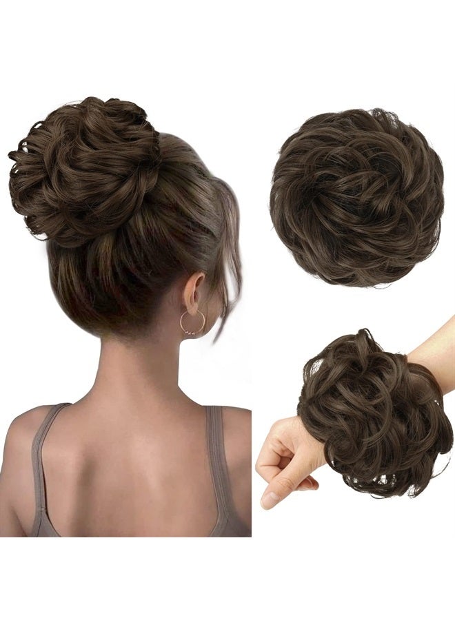 FESHFEN Messy Bun Hair Piece Wavy Curly Large Golden Brown Hair Bun Scrunchies Extensions Synthetic Tousled Updo Hairpieces for Women Girls - Image 1