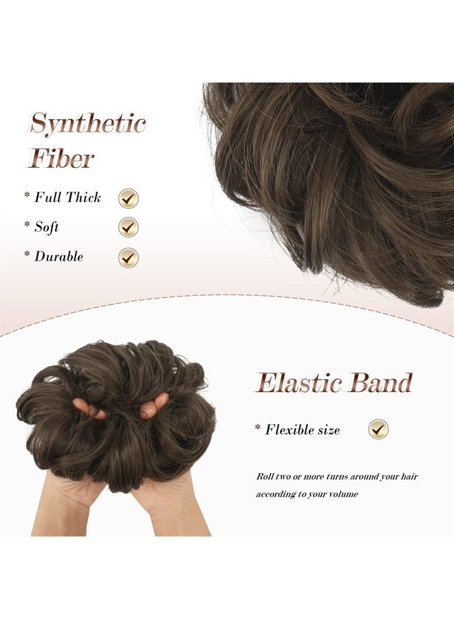 FESHFEN Messy Bun Hair Piece Wavy Curly Large Golden Brown Hair Bun Scrunchies Extensions Synthetic Tousled Updo Hairpieces for Women Girls - Image 4