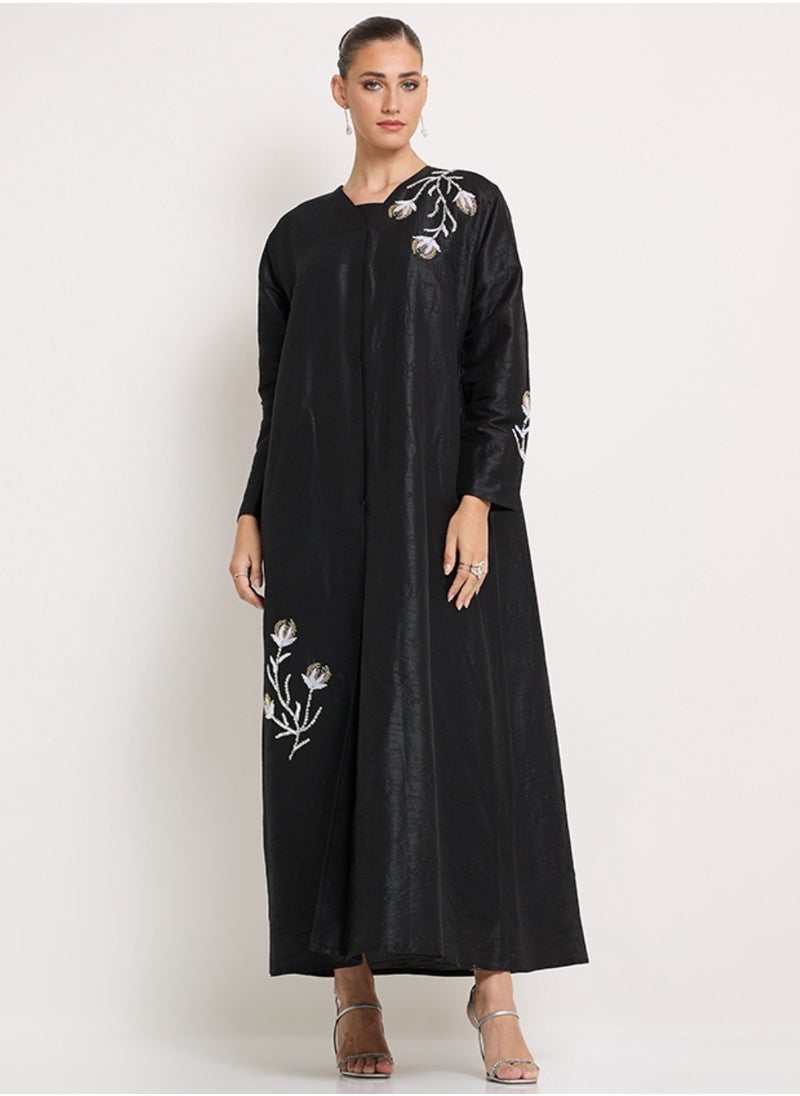 Rosette Abaya Black Abaya with tulip Flowers hand embroidery  - Image 1