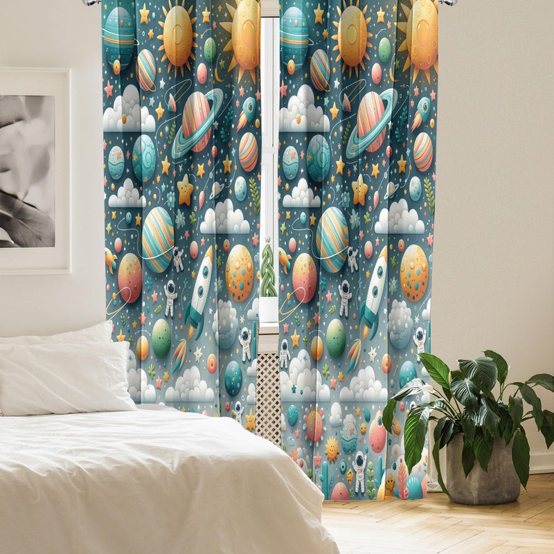 Ambesonne Outer Space Window Curtains Pack of 2  Cartoon Explorer Saturn Sun and Clouds with Rockets Astronauts Star  Lightweight Set with Rod Pocket  4 Panels of - 28"" x 95""  Petrol Blue Multicolor - Image 3
