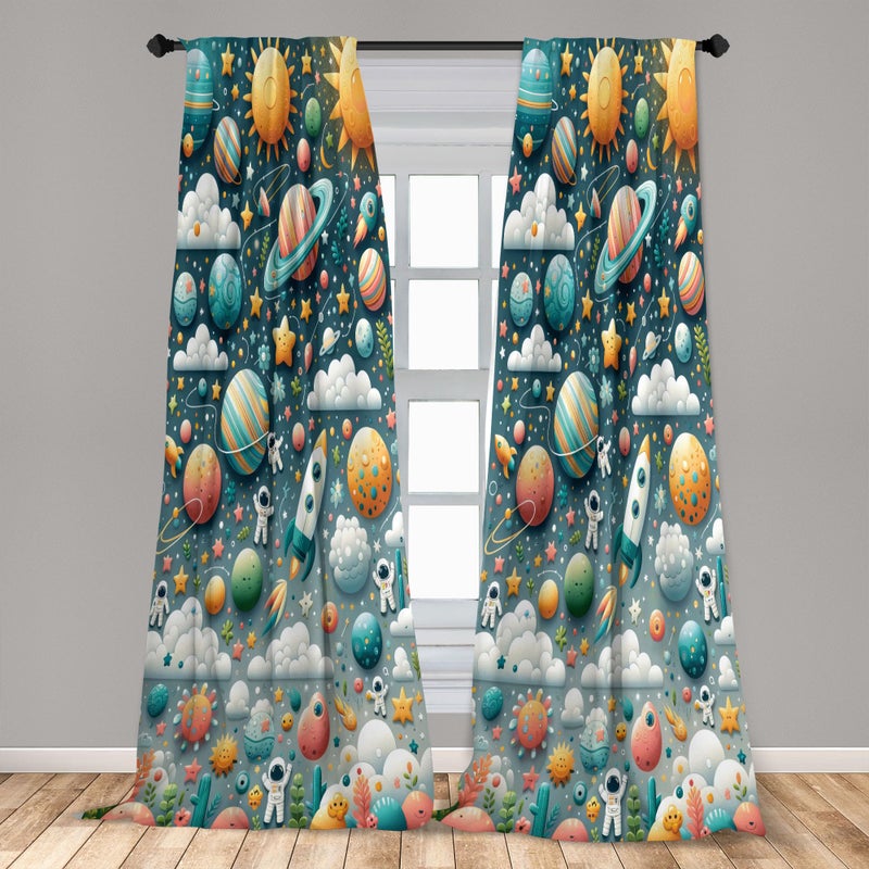 Ambesonne Outer Space Window Curtains Pack of 2  Cartoon Explorer Saturn Sun and Clouds with Rockets Astronauts Star  Lightweight Set with Rod Pocket  4 Panels of - 28"" x 95""  Petrol Blue Multicolor - Image 4