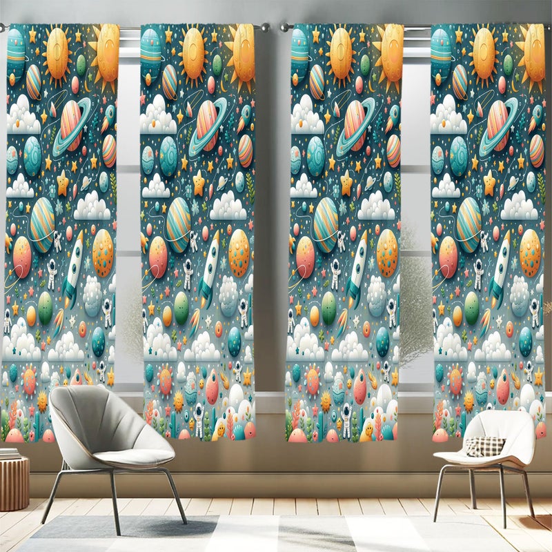 Ambesonne Outer Space Window Curtains Pack of 2  Cartoon Explorer Saturn Sun and Clouds with Rockets Astronauts Star  Lightweight Set with Rod Pocket  4 Panels of - 28"" x 95""  Petrol Blue Multicolor - Image 1