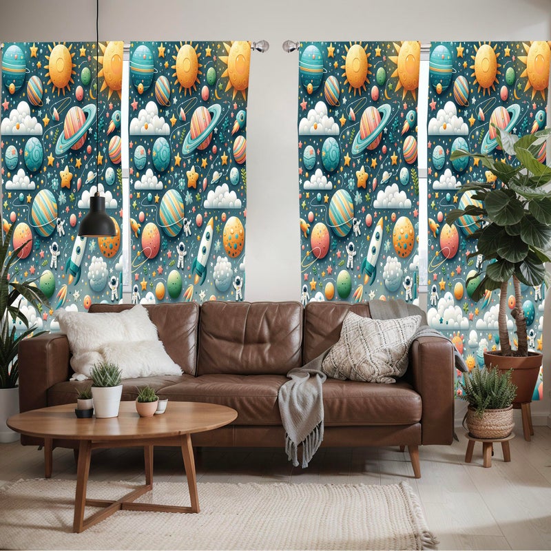 Ambesonne Outer Space Window Curtains Pack of 2  Cartoon Explorer Saturn Sun and Clouds with Rockets Astronauts Star  Lightweight Set with Rod Pocket  4 Panels of - 28"" x 95""  Petrol Blue Multicolor - Image 2