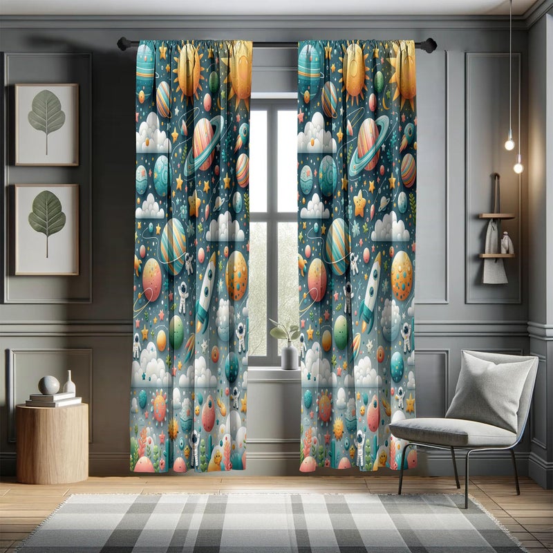 Ambesonne Outer Space Window Curtains Pack of 2  Cartoon Explorer Saturn Sun and Clouds with Rockets Astronauts Star  Lightweight Set with Rod Pocket  4 Panels of - 28"" x 95""  Petrol Blue Multicolor - Image 5