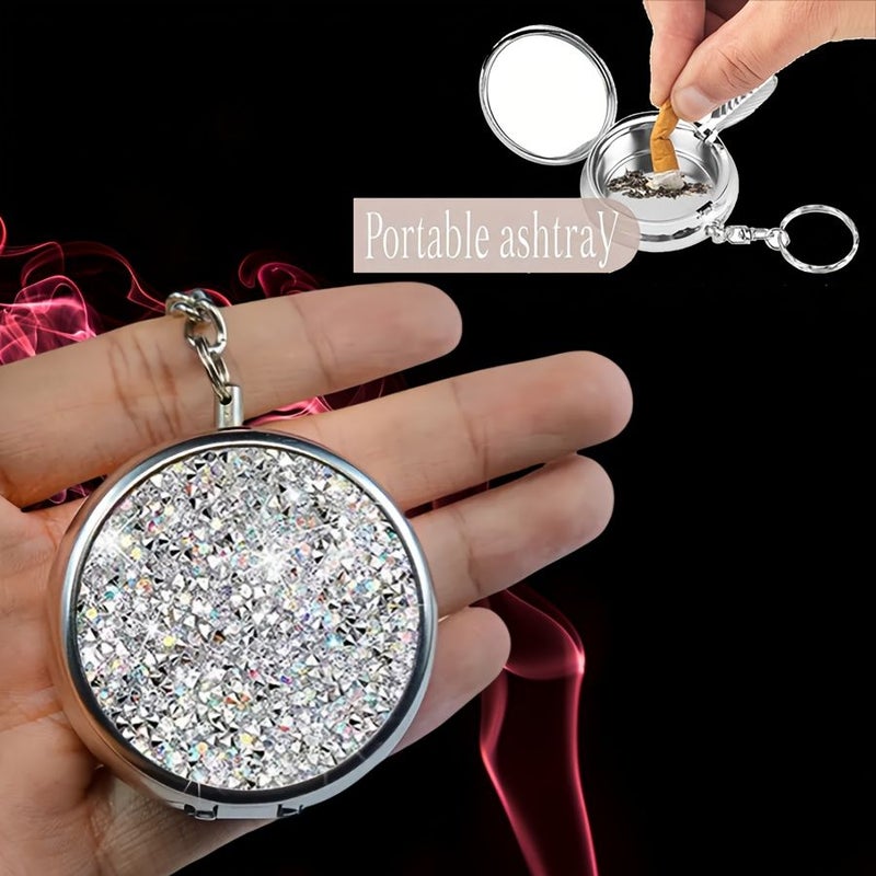 White Portable Round Rhinestone Ashtray With Keychain For Travel - Image 1
