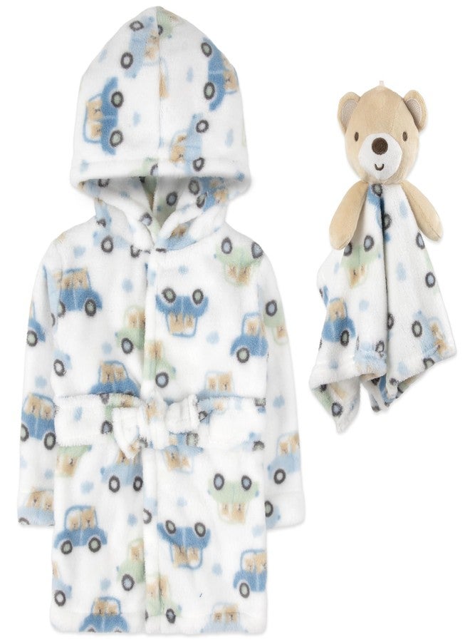 Baby Essentials Baby Bathrobe & Minky Lovey Blanket Set - Hooded Robe & Snuggler for Boys & Girls (0-9 Months) (Cars and Bear) - Image 1
