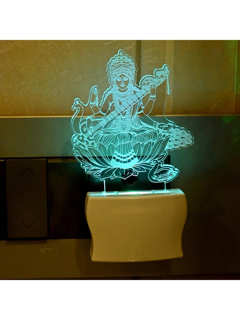 Somil 3D Illusion Goddess Saraswati LED Plug & Play Wall Lamp, Self Color Changing, Dia: 5 X 10 X 5 Cm - Image 2