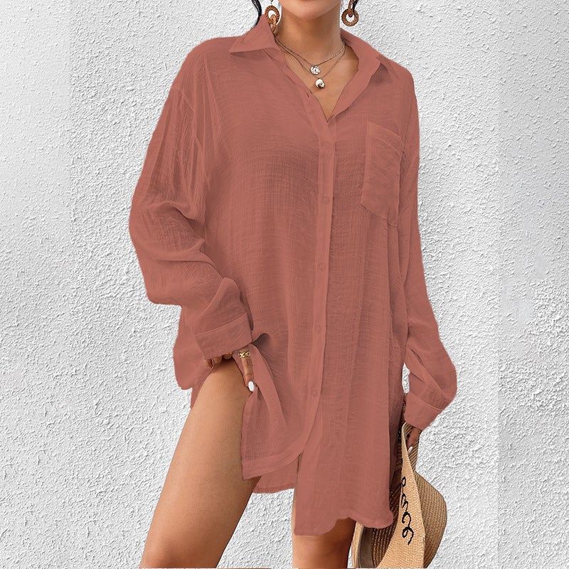 Generic New Cross-border European and American Bamboo Cotton Shirt Sunscreen Cardigan Beach Blouse Holiday Bikini Womens Swimwear Show red (1356)