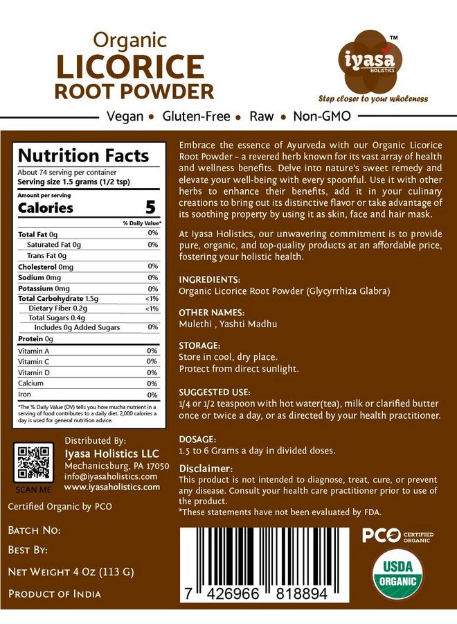 Iyasa Holistics مسحوق جذر عرق السوس العضوي من إياسا هوليستكس، موليثي، غليكيريزا غلابرا، 4 أونصات، 113 جرام، طارد طبيعي للبلغم، وكيل نكهة الحلوى، غذاء خارق - Image 2