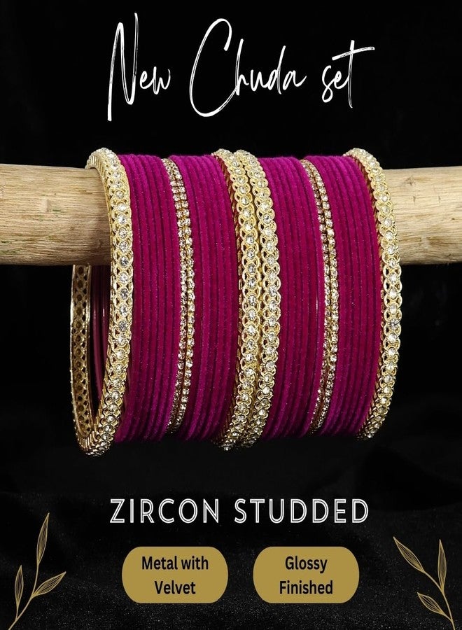 LAVAZZA Gold Plated Metal Velvet Bangles Short Bangles Set For Women & Girls with Zircon Gemstone | Magenta Bangles| Wedding Bangles | Bangles For Party | Set of 32 -(LV_FMS6-Magenta-2.6) - Image 5