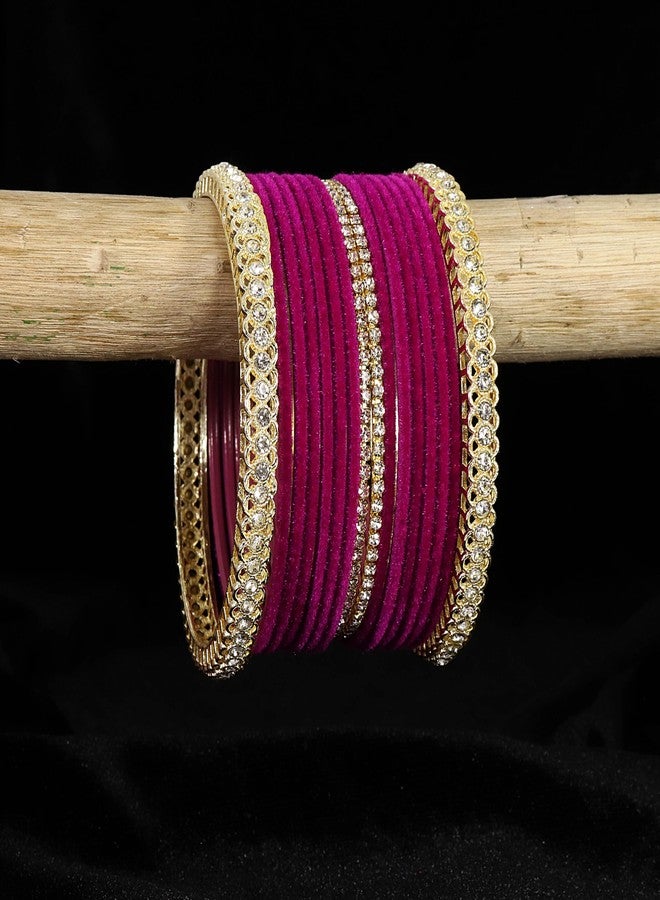 LAVAZZA Gold Plated Metal Velvet Bangles Short Bangles Set For Women & Girls with Zircon Gemstone | Magenta Bangles| Wedding Bangles | Bangles For Party | Set of 32 -(LV_FMS6-Magenta-2.6) - Image 2
