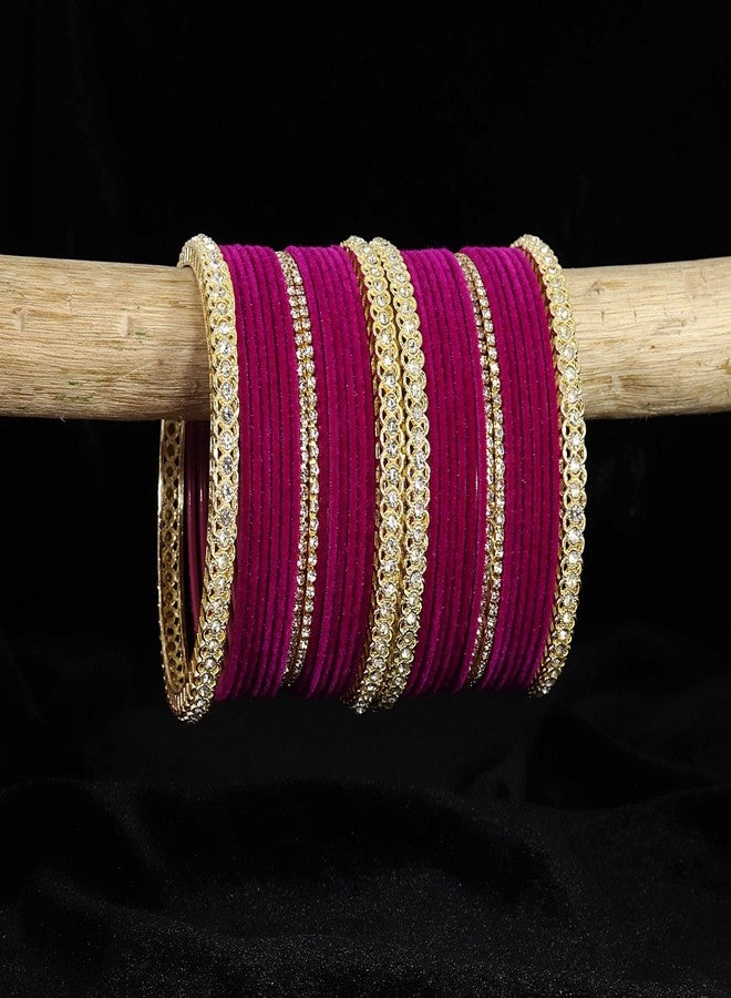 LAVAZZA Gold Plated Metal Velvet Bangles Short Bangles Set For Women & Girls with Zircon Gemstone | Magenta Bangles| Wedding Bangles | Bangles For Party | Set of 32 -(LV_FMS6-Magenta-2.6) - Image 3