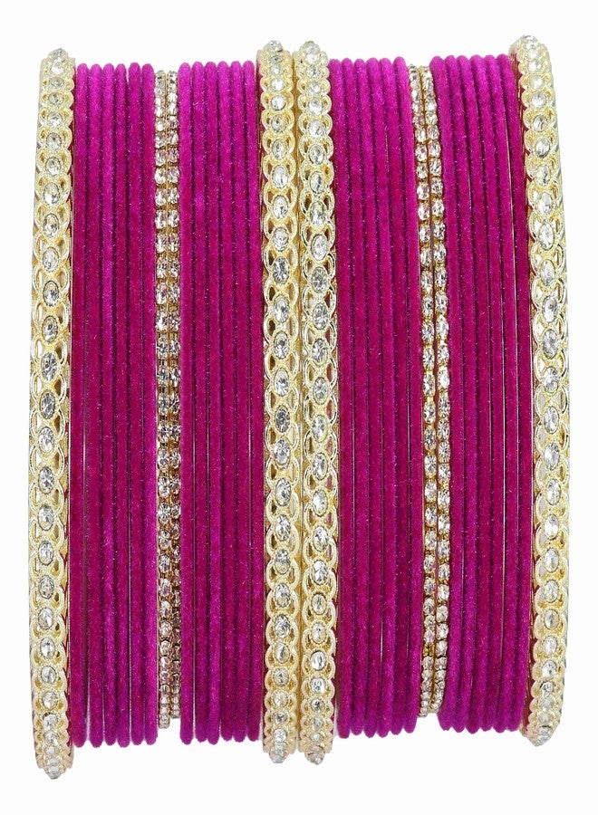 LAVAZZA Gold Plated Metal Velvet Bangles Short Bangles Set For Women & Girls with Zircon Gemstone | Magenta Bangles| Wedding Bangles | Bangles For Party | Set of 32 -(LV_FMS6-Magenta-2.6) - Image 1