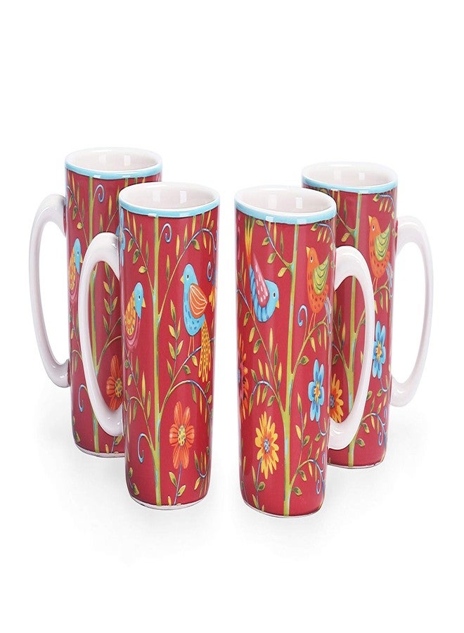 Bico Red Spring Birds Ceramic Coffee Mugs Set of 4, 18 oz Large Tea Cups with Handle, Aesthetic Latte Mugs for Cappuccino Cocoa, Lead-Free, Dishwasher and Microwave Safe, Housewarming Gift - Image 1