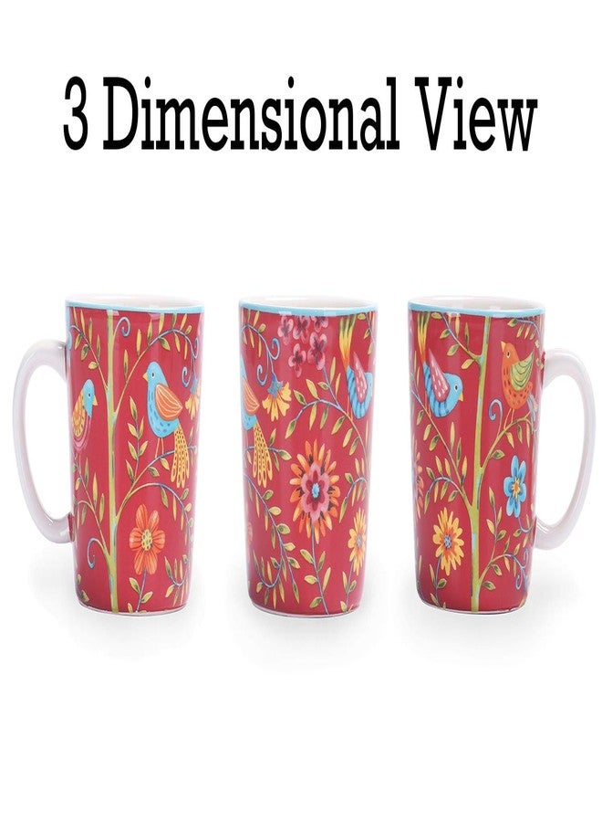 Bico Red Spring Birds Ceramic Coffee Mugs Set of 4, 18 oz Large Tea Cups with Handle, Aesthetic Latte Mugs for Cappuccino Cocoa, Lead-Free, Dishwasher and Microwave Safe, Housewarming Gift - Image 3
