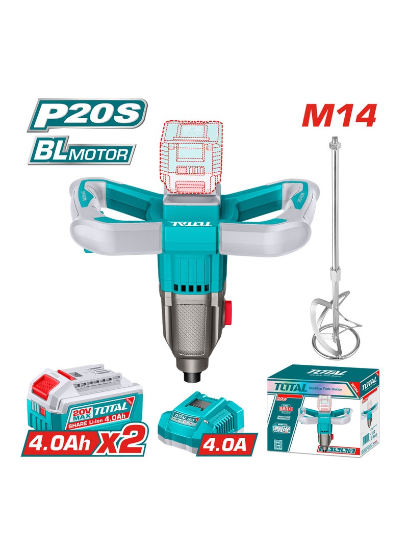 TOTAL 20V Cordless Material Mixer - Heavy-Duty Dual Mechanical Gear Paint, Mortar & Plaster Paddle Mixer (M14) with 2x 4.0Ah Batteries, 4A Fast Charger & Paddle - TMXLI20162 - Image 5