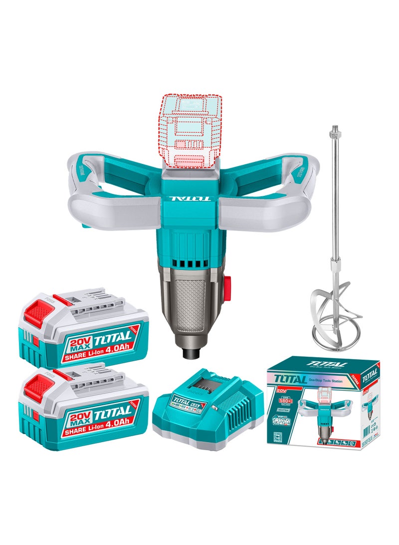 TOTAL 20V Cordless Material Mixer - Heavy-Duty Dual Mechanical Gear Paint, Mortar & Plaster Paddle Mixer (M14) with 2x 4.0Ah Batteries, 4A Fast Charger & Paddle - TMXLI20162 - Image 1