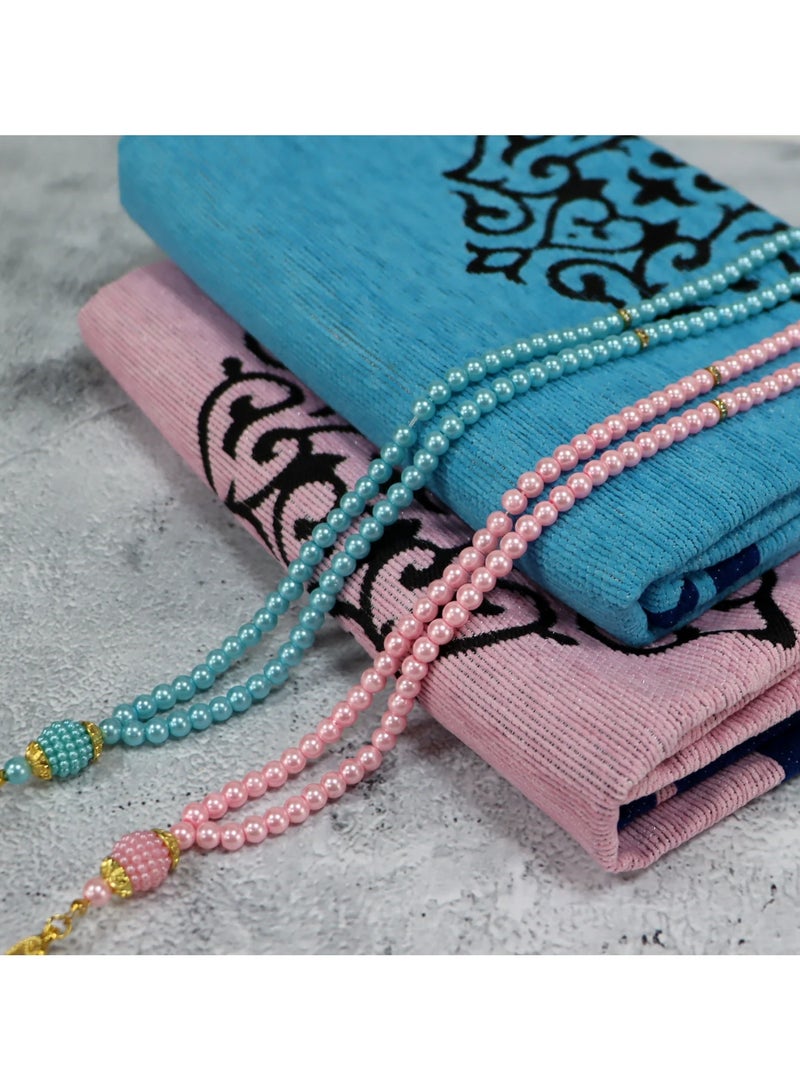 سندس سجادة  الصلاة سجدة للمتزوجين، 2 قطعة في صندوق واحد، أزرق و وردي - Image 4