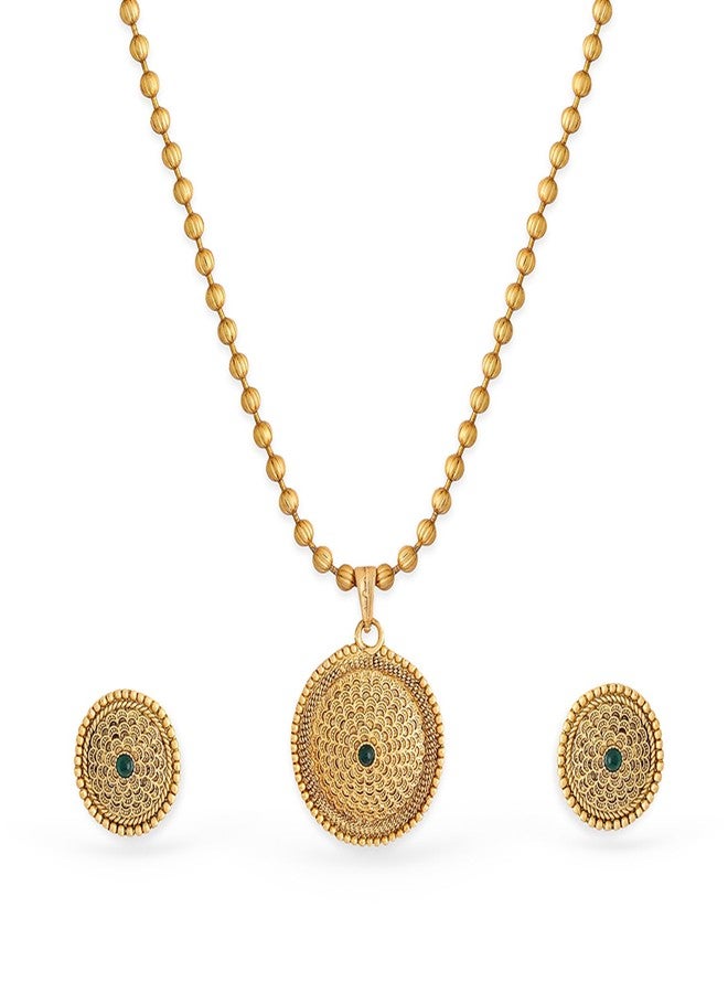 Rubans Womens 22K Gold-Plated Intricate Green Stone And Golden Beade Traditional Jewellery Set - Image 1