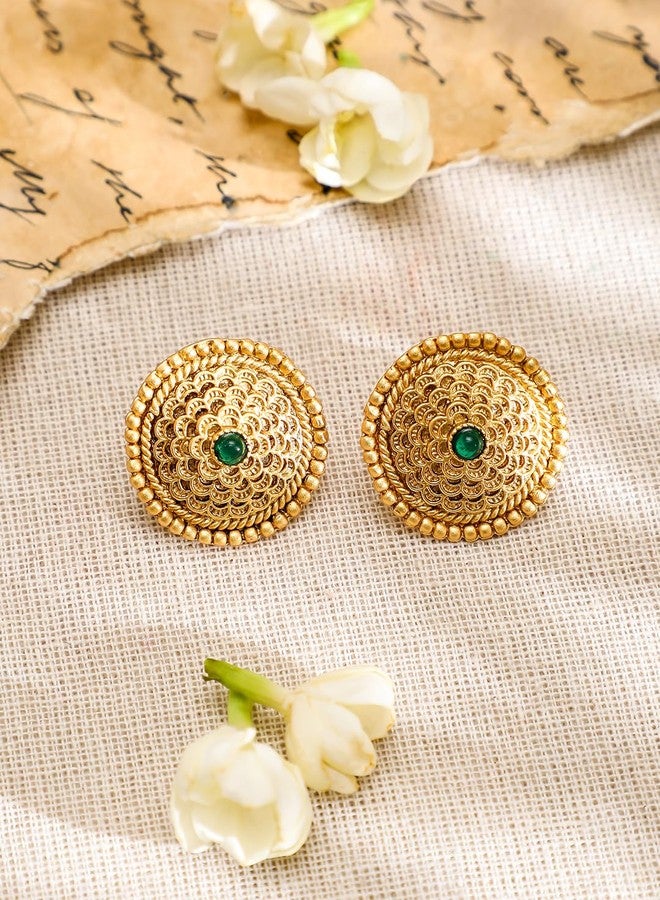 Rubans Womens 22K Gold-Plated Intricate Green Stone And Golden Beade Traditional Jewellery Set - Image 5