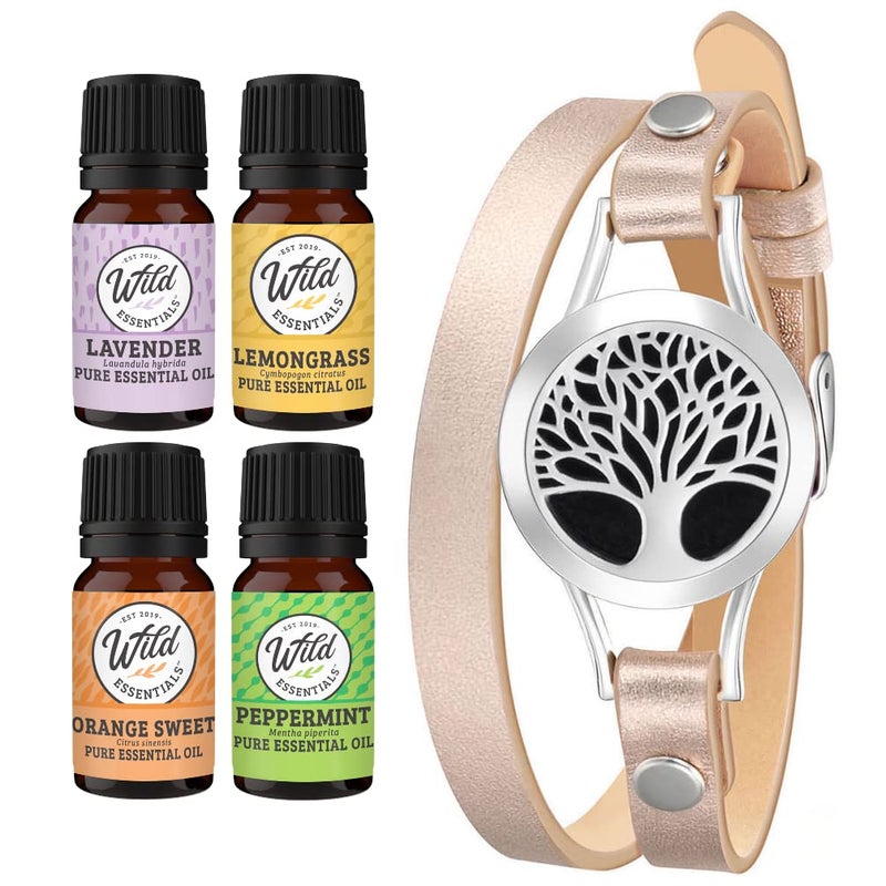 mEssentials Wild Essentials Tree of Life Essential Oil Leather Wrap Bracelet Diffuser, Gift Set, Lavender, Lemongrass, Peppermint, Orange Oils, 12 Pads, Customizable Color Changing Perfume Jewelry, Aromatherapy 
