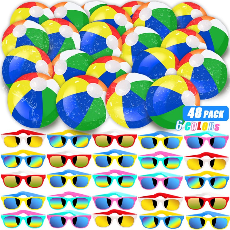 ontigola 48 Pieces Summer Sunglasses Beach Balls Bulk Party Favors for Kids 24Pack Neon Sunglasses 24Pack Beach Balls Kid Boys Girls Graduation Party Supplies for Beach Day Pool Party Favors Goodie Bag Favors - Image 2